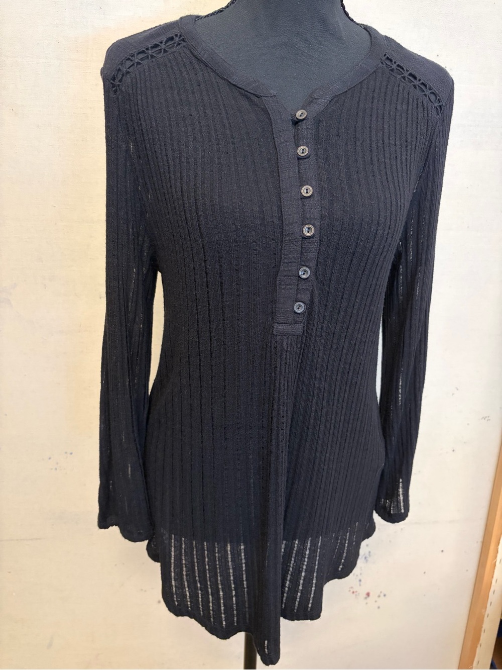 Women’s Lucky Brand Black Ribbed Long Sleeve Boho Tunic Top, Size Small